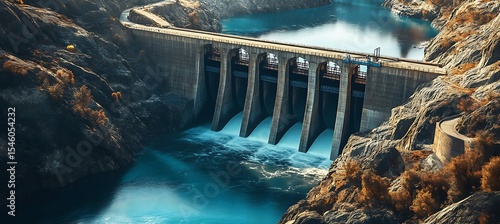 Hydroelectric Energy Concept Featuring Functional Dam And Spillway Gates Positioned On Wood Desk With Branding Area Reserved
