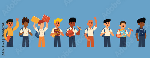 A complete group of boys in colorful outfits excited for school