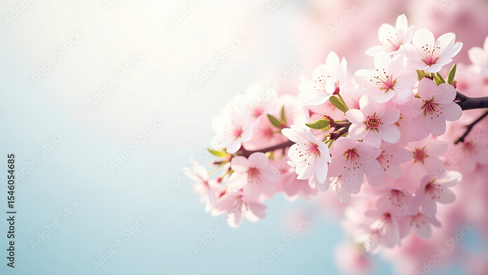 Dreamy Cherry Blossom Branch with Sunlight - Soft Pink Flowers against a Bright Blue Sky Background Dreamy Cherry Blossom Branch with Sunlight - Soft Pink Flowers against a Bright Blue Sky Background