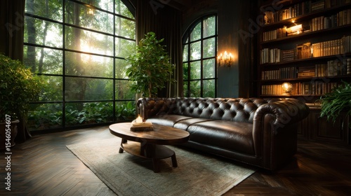 This sophisticated image captures a lavish living room featuring a rich, dark leather sofa, elegant decor, and large windows bringing in natural light and greenery.