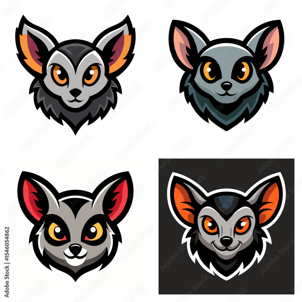 Four stylized lemur heads with varied color palettes and background treatments in a grid format Four stylized lemur heads with varied color palettes and background treatments in a grid format