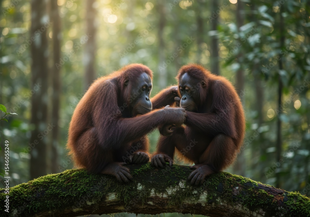 Naklejka premium Orangutans interacting on mossy branch in sunlight rainforest setting