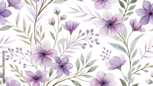 Wallpaper Mural Watercolor Floral Pattern with Purple Flowers and Green Leaves on White Background Torontodigital.ca