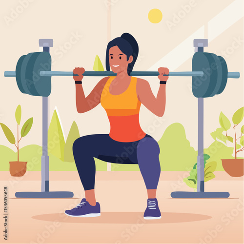 Woman doing squats using barbell in gym, cartoon vector illustration