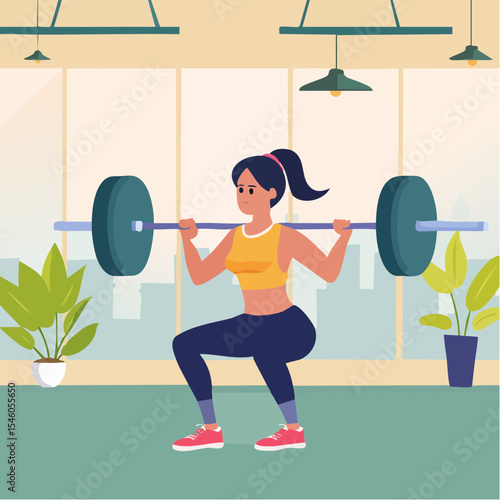 Woman doing squats using barbell in gym, cartoon vector illustration