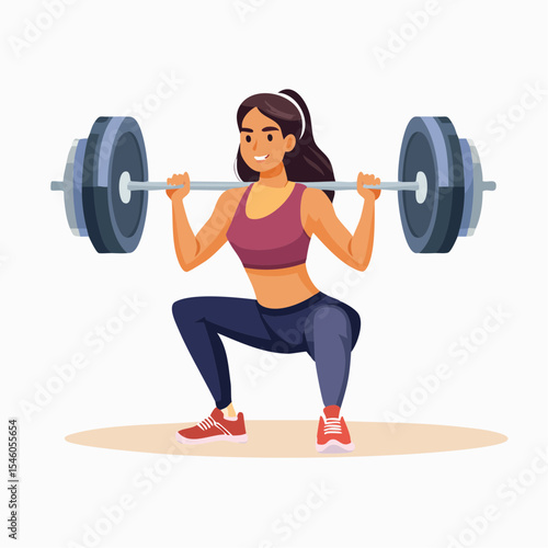 Woman doing squats using barbell in gym, cartoon vector illustration