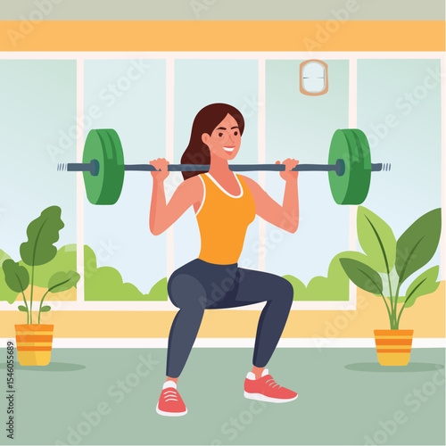 Woman doing squats using barbell in gym, cartoon vector illustration