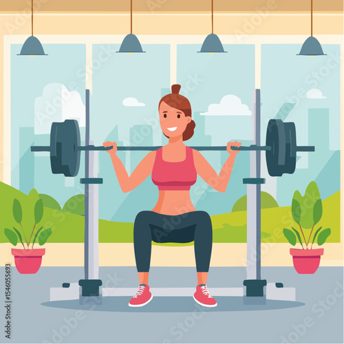 Woman doing squats using barbell in gym, cartoon vector illustration