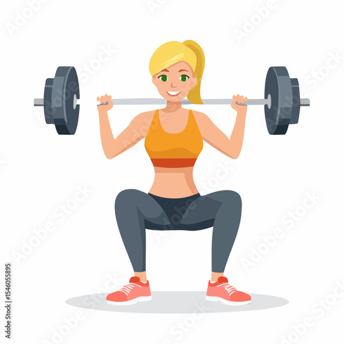 Woman doing squats using barbell in gym, cartoon vector illustration