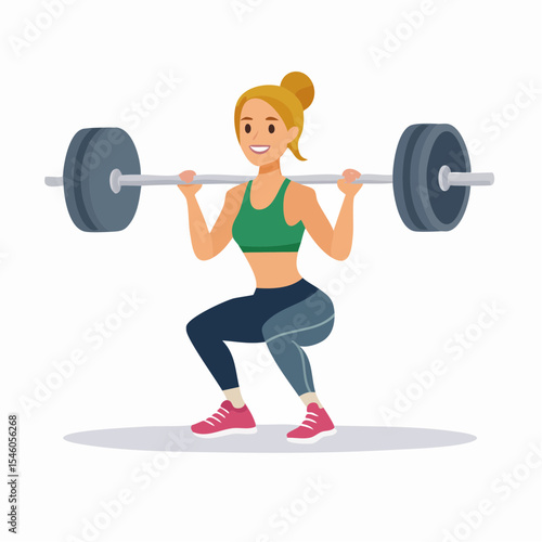Woman doing squats using barbell in gym, cartoon vector illustration