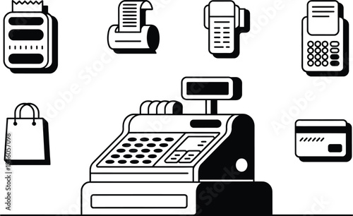 Modern black and white vector illustration of retail payment and cash register icons