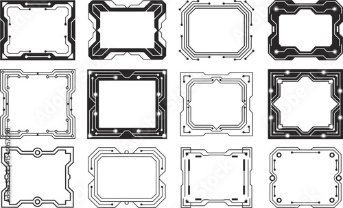 Collection of futuristic circuit board frames in various shapes and styles for design projects