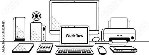 A minimalist black and white illustration of a modern office workspace for productivity