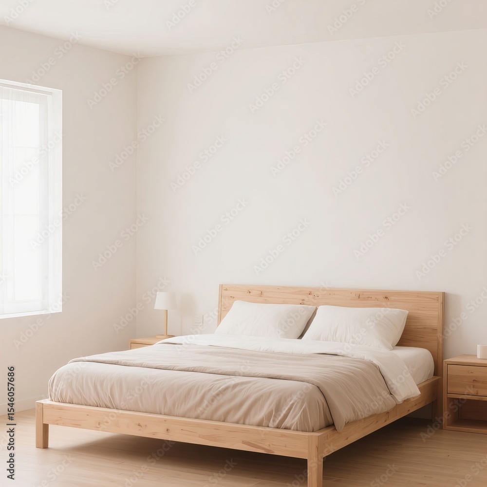 Obraz premium Simple Natural Wood Bedroom with Minimalist Bed Frame, Soft Bedding, and Bright Neutral Walls