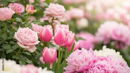 Pink roses tulips in vibrant garden