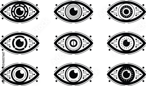 Abstract tech eye designs representing artificial intelligence data and futuristic digital technology