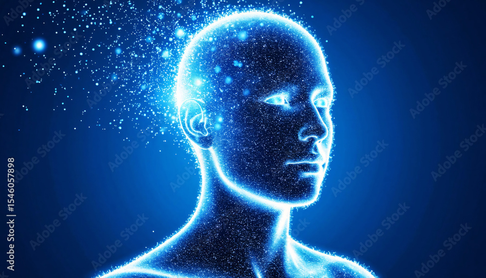 Futuristic luminous glowing human figure with particle dispersion on blue background, digital concept, neutral light, side view Futuristic luminous glowing human figure with particle dispersion on blue background, digital concept, neutral light, side view