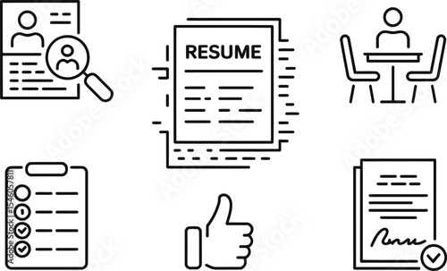 Line art icons illustrating the job search process from application to hiring approval