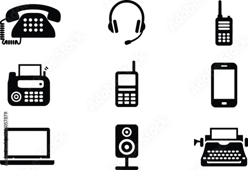 Collection of black icons representing communication devices technology and old retro tools