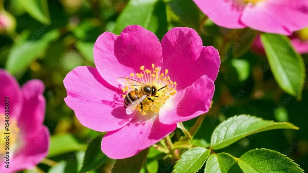A close-up of a pink flower with a bee collecting nectar. The flower has vibrant petals and green leaves surrounding it. The scene captures the beauty of nature. A close-up of a pink flower with a bee collecting nectar. The flower has vibrant petals and green leaves surrounding it. The scene captures the beauty of nature.