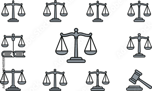 Collection of law scales icons in simple minimalist style for legal and justice concepts