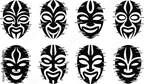Black and white collection of tribal masks with abstract artistic facial features