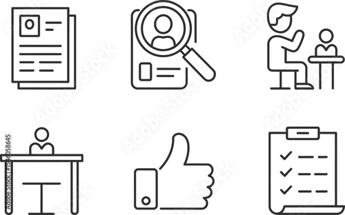 Employment and recruitment icons depicting hiring process and job application elements