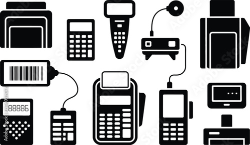 Collection of black and white icons illustrating modern payment and sales technology