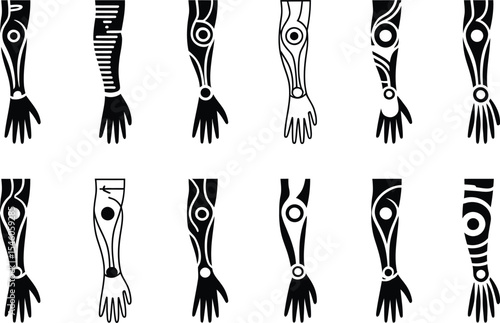 Set of futuristic cybernetic arm prosthetic designs in black and white vector illustration