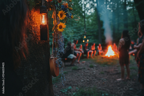 wreath of Meadow flower in summer garden, natural sunny background. Floral crown, symbol of Summer Solstice Day, Midsummer holiday. witch tradition, wiccan ritual. Litha sabbat. template for design
