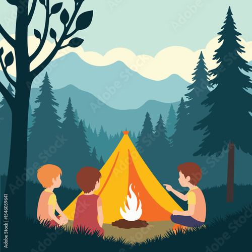 Three children sitting around campfire by tent in forest  