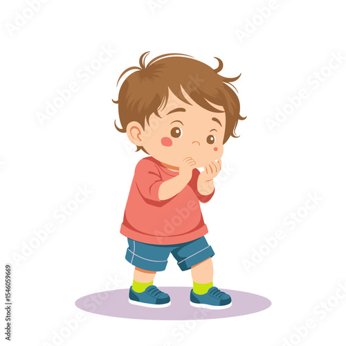 Young boy looking surprised and holding his mouth with both hands  