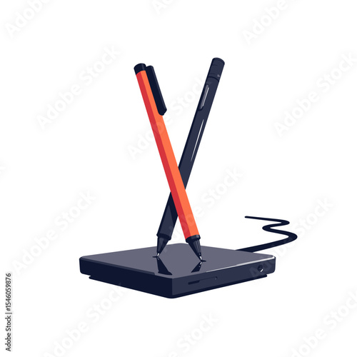 Digital stylus pens on black charging dock with wire  