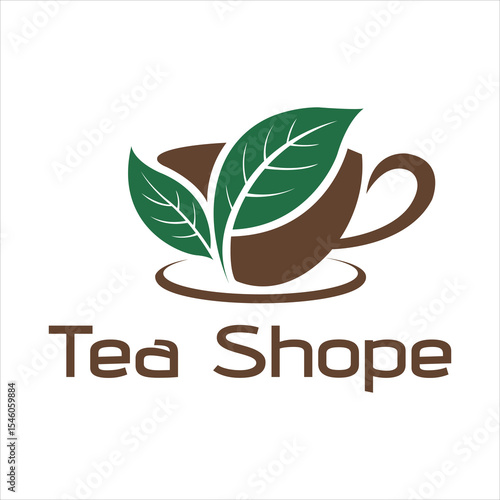 Tea Shoppe Logo with Green Leaves and Brown Cup - Modern Tea House Branding