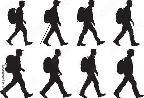 set of Man Travel With The Walking icon silhouette vector illustration. Hiker and Traveler Icons – Walking Man Silhouette Design