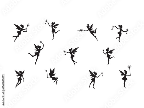 Silhouette illustration of magical fairies holding star wands in various dynamic poses on white background
