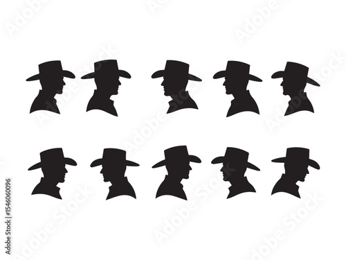 Silhouetted cowboy faces representing strength and western spirit isolated on white background