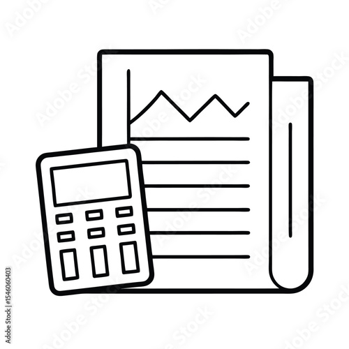 Financial calculator beside open report in clean outline format Vector illustration