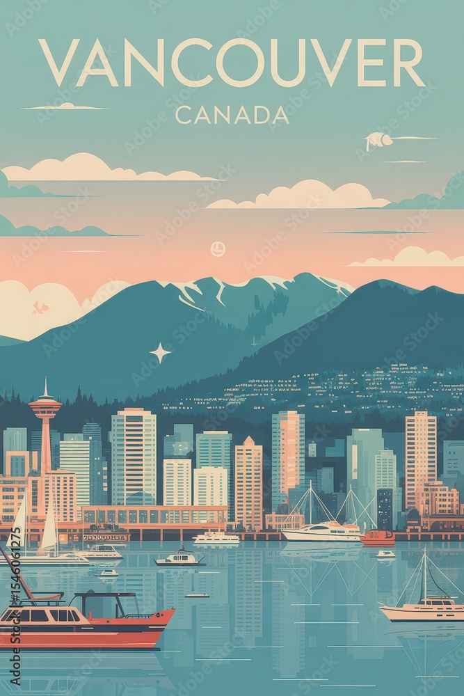 Obraz premium Vintage Travel Poster of Vancouver Skyline and Coastal Harbor, Canada