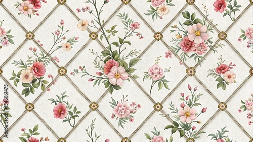 Elegant Floral Pattern with Diamond Lattice and Watercolor Flowers on Textured Background