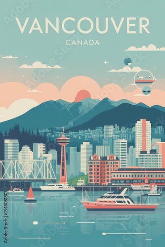 Vintage Travel Poster of Vancouver Skyline and Coastal Harbor, Canada


