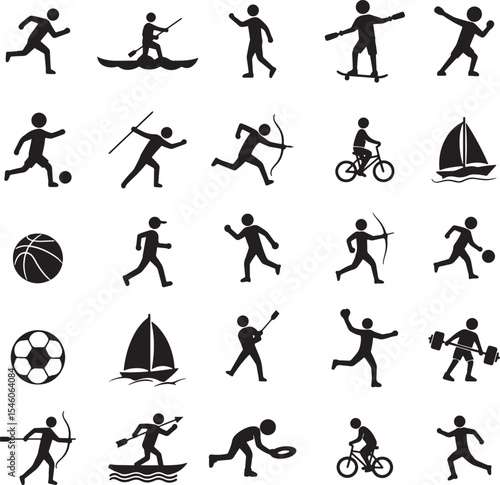 Collection of diverse stick figure athletes engaged in various sports activities silhouette icon