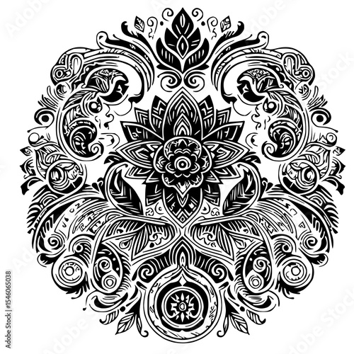 Richly detailed, symmetrical floral and organic design, reminiscent of classic decorative motifs or intricate embroidery.