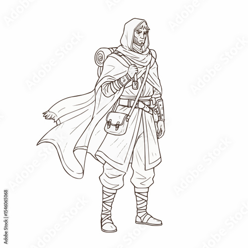 Hand-drawn illustration of a robed figure, possibly a mystic or wanderer, with a detailed and contemplative pose.