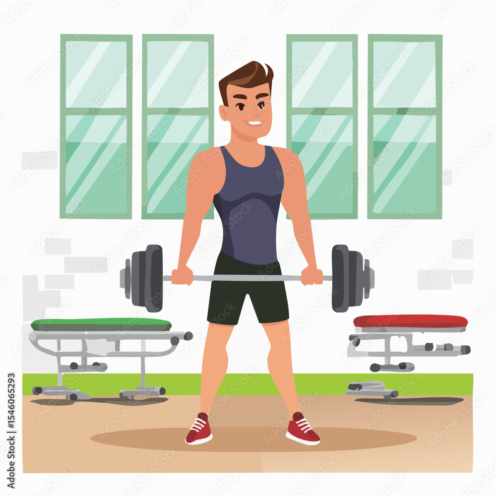 Fototapeta premium strong young man working out with dumbbells in a gym, vector cartoon illustration