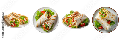 Set of Delicious chicken wrap with fresh vegetables on a plate isolated on a transparent background