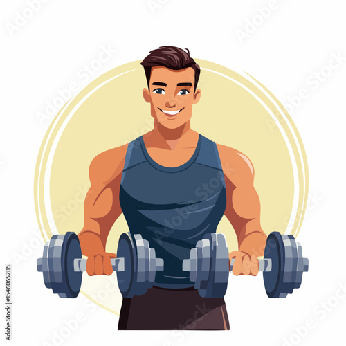 strong young man working out with dumbbells in a gym, vector cartoon illustration