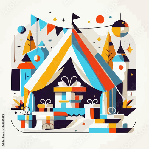 Colorful festive circus tent with gifts and decorations in flat design  