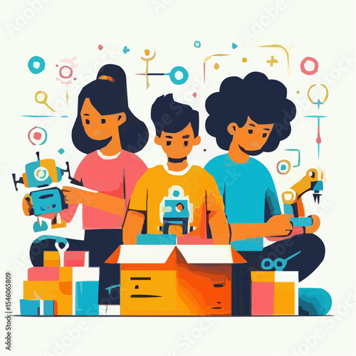 Children assembling robots in colorful learning environment 