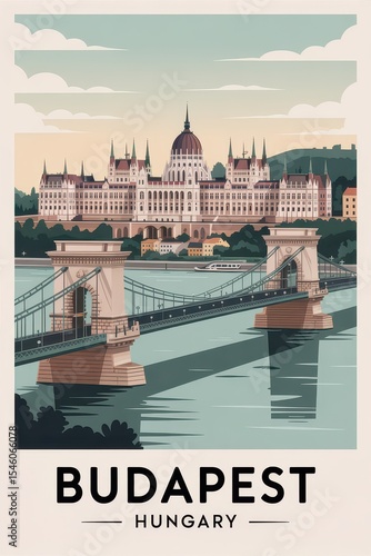Vintage Travel Poster of Budapest Parliament and Chain Bridge, Hungary

